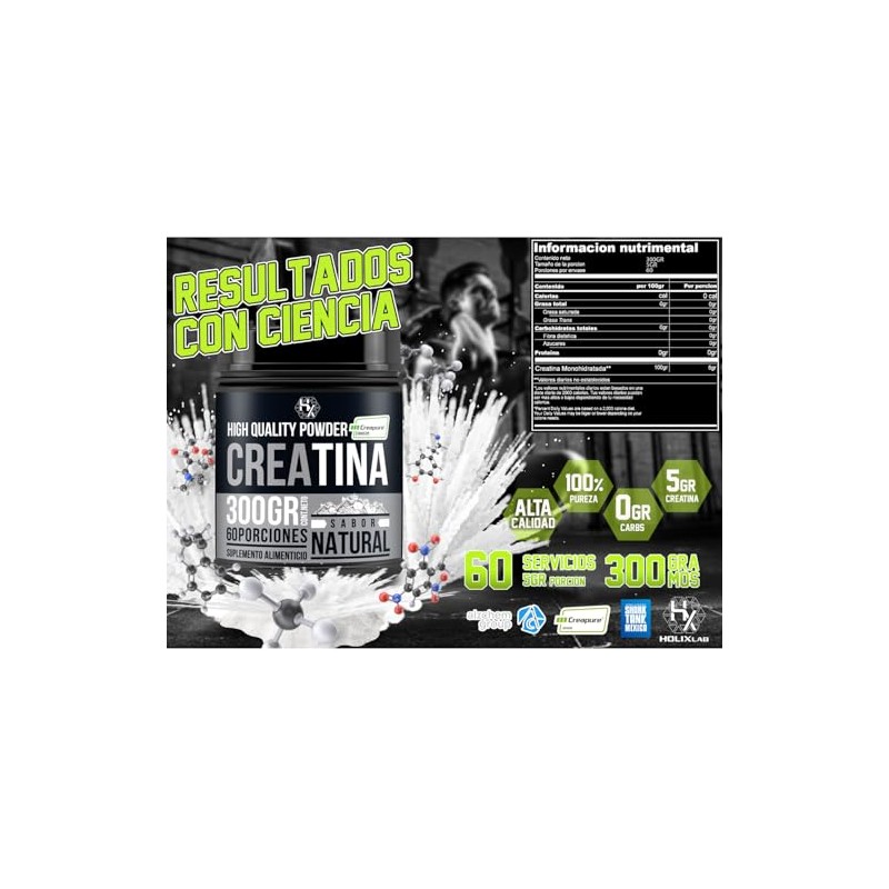 Holix Lab Creatina Monohidratada 300gr 60 Serv. Creapure Sabor Natural