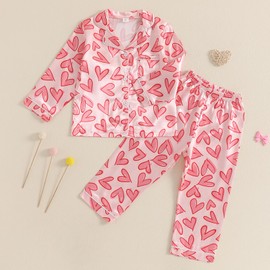 MAINESAKA Toddler Girl Valentines Day Pajamas Baby Satin Pajama Set Heart Print Button Down Silk Shirt Long Pants Sleepwear (A-Pink, 6 Years)