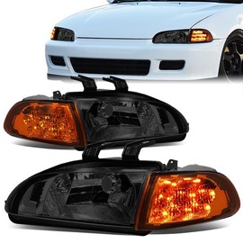 Pair of LED DRL Headlight Assembly+ Bumper Parking Lights Compatible with 1992-1995 Honda Civic 2/3 Door - Chrome Housing, Smoked Lens, Clear Corner