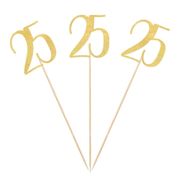 Gold Glitter 25th Birthday Centerpiece Sticks, 12-Pack Number 25 Table Topper Anniversary Party Decorations