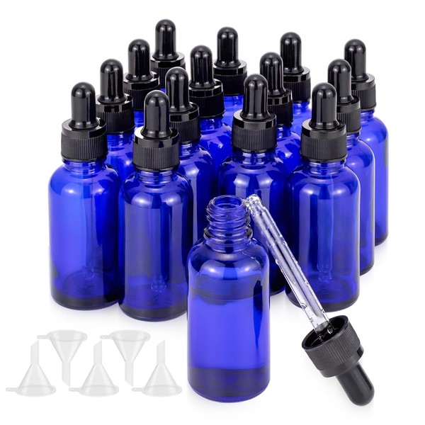 JIUWU 15 Pcs,1 Oz Dropper Bottle,Blue Glass Eye Dropper Bottle