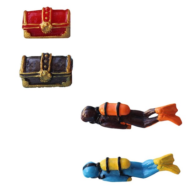 Cabilock 4 Pieces Fish Tank Diver Decoration and Treasure Boxes Set Resin Scale Model People Swimmer Scuba Diver People Figures DIY Sand Table Layout