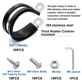 Taiss 40PCS 3/4 Inch Cable Clamps 304 Stainless Steel Rubber Cushion Insulated Wire Clamps,Loop Clamps,Metal Clamp,Pipe Clamps With two kinds of screws,(19mm) F-098-19mm
