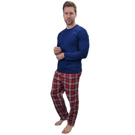 KRUXADER Mens Pyjamas Set|100% Cotton PJ Set|Elasticated Pants With Drawstring & Long Sleeve Top(Pendragon Navy, L)