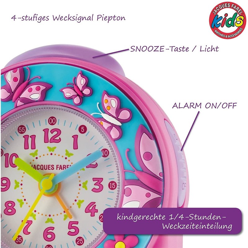 JACQUES FAREL Kinderwecker Lernwecker Mädchen 3D Schmetterlinge und Blumen Pink