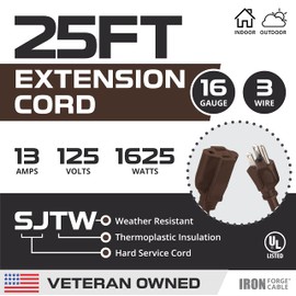 Iron Forge Cable Brown Outdoor Extension Cord 25 ft, 16/3 SJTW 25 Foot Dark Brown Exterior Extension Cord 3 Prong, Weatherproof 13 Amp Heavy Duty Brown Power Cable for Outside, Patio, Landscaping