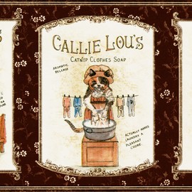 CONCORD WALLCOVERINGS ™ Wallpaper Border Vintage Pattern Cats Ironing Morning Routine for Bathroom Laundry Room, Beige Brown Gray Red Blue, 15 Feet by 7 Inches KBE12603B