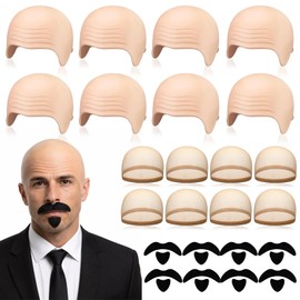 24 Pcs Bald Cap with Mustache Bald Wig Cap Halloween Party Costume Accessories for Men Women Adults