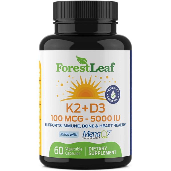 Vitamin D3 + K2 (MK7) Supplement - MenaQ7 - Calcium and Vitamin D 5,000 IU Max Absorption - Teeth and Bone Strength, Heart Health, Immune System Support - 60 Veggie Capsules – ForestLeaf