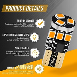Audak - Bombilla LED 194 T10 W5W 2825 158 192 168 Canbus 9SMD 2835 Chipset ámbar amarillo extremadamente brillante, sin polaridad, para luz interior de techo, mapa, puerta, cortesía, matrícula, baúl