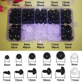 FANGZIDM 132PCS Safety Eyes with Washers 6-14mm Black Plastic Toy Eyes for Doll Making DIY Crafts