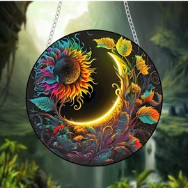JUNWALL Moon Sun Sunflower Acrylic Window Hanging, Flower Plants Stained Acrylic Window Decor Hanging Ornaments Indoor Outdoor Garden Stained Art Panel Gift for Women Christmas Thanksgiving