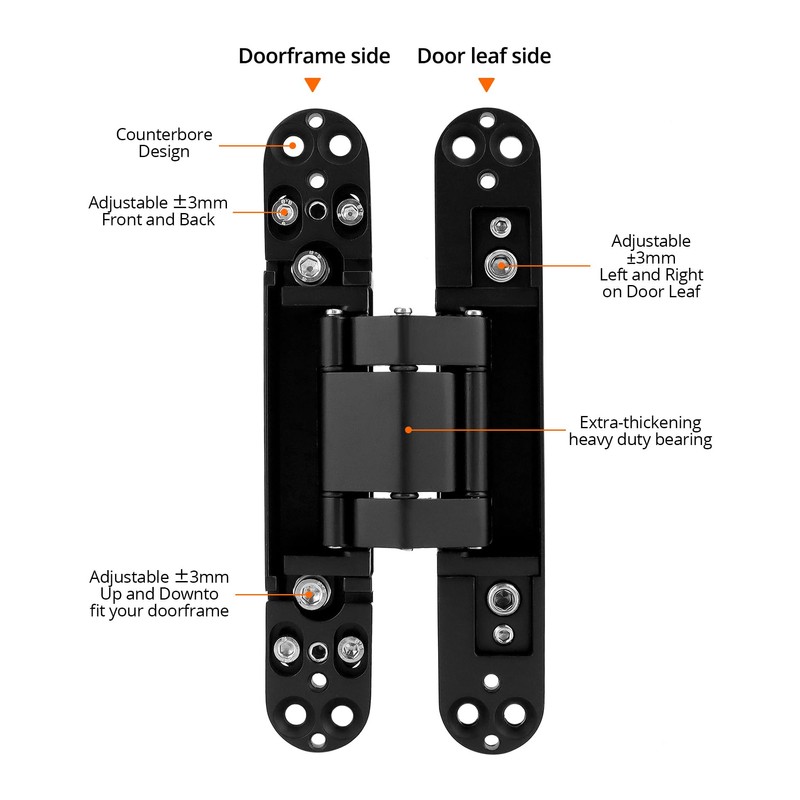 QWORK Adjustable Hidden Door Hinges (2-Pack), 6" Zinc Alloy Swing