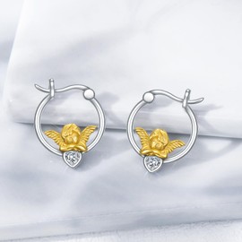 ROMANTICWORK Angel Earrings 925 Sterling Silver 14K Gold Plated Guardian Angel Hoop Huggie Earrings Cherub Angel Wing Jewellery Gifts for Women