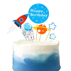 GotGala Decoración espacial para tarta de feliz cumpleaños con diseño de cohete y planeta, decoración para tartas de galaxia astronauta a la luna, hombre robot, decoración para decoración de tartas para el espacio exterior, baby shower, suministros para 