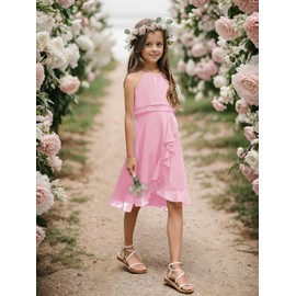 Galawaqe Kids A-Line Halter Neck Chiffon Junior Bridesmaid Dresses Girls Teen Wedding Elegant Party Fancy Gown 5-14T Pink
