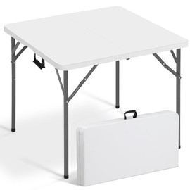 34“Square Card Table, Portable Folding Game Table for Parties & Camping, Fold in Half Design with Removable Steel Legs, Waterproof HDPE Top, Easy Setup Indoors & Outdoors, White