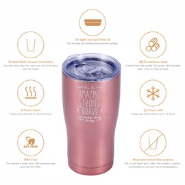 Shamone Inspirational, Amazing Strong and Brave, Tumbler 20oz Insulated Stainless Steel, Lid, Straw, Cleaning Brush, Birthday Gift, Inspirational Gift, Best Friend, Christian Gift (Rose Gold)