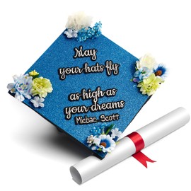 GRADWYSE Blue Glitter Graduation Cap Topper with Flowers, Graduation Cap Decorations, Class of 2025 Grad Cap Topper, May Your Hats Fly As High As Your Dreams