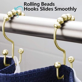 DAWNER Shower Curtain Hooks Rings, Rust Proof Hooks, Metal Easy Glide Double Shower Rings Hooks, Stainless Steel Shower Curtain Hangers for Bathroom Shower Curtains, Set of 12 Hooks, Gold Color