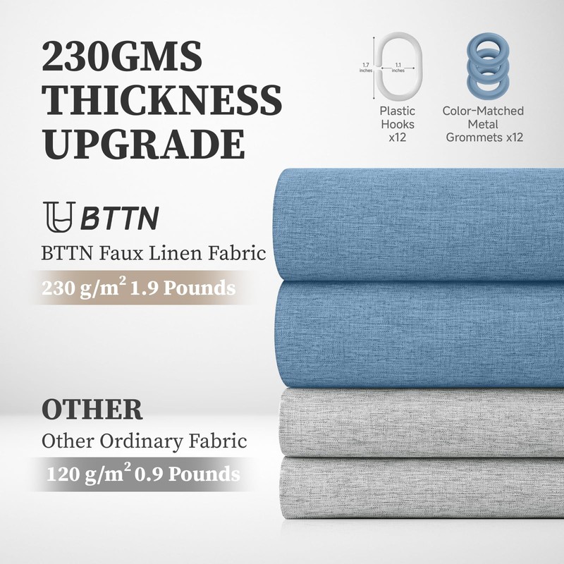 BTTN 72x78 Linen Textured Waterproof Fabric Shower Curtain, Moonlight Blue