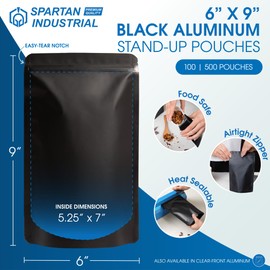 Spartan Industrial 6" X 9" Matte Black Stand-Up Mylar Bags - 100 Count Smell-Proof Bags With Heat Sealable Opening and Resealable Zipper