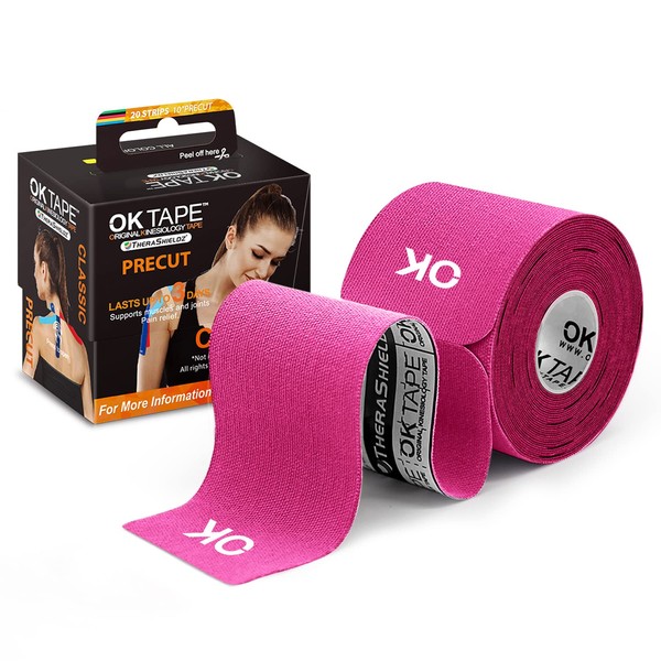 OK TAPE Kinesiology Tape 10 inches Precut, 20 Strips, Cotton Elastic Athletic Tape Latex Free, 2inch x 16ft, Pink