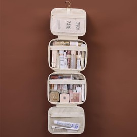 Waterproof Leather Toiletry Bag for Women, Hanging Travel Toiletry Bag with Hanging Hook, Large Travel Makeup Bag Cosmetic Organizer for Toiletries, Bathroom Shower, Makeup Accessories (Black)