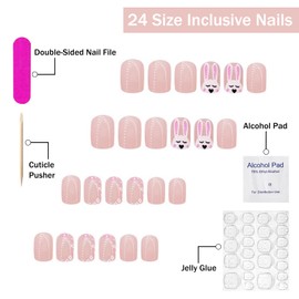 Easter Press on Nails Short Square SWEKKE Pink Fake Nails False Nails with Designs Cute Bunny Flower Full Cover Glossy Glue on Nails Spring Stick on Nails for Women Girls 24 Pcs