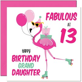 13th GrandDaughter Birthday Card - Fabulous Flamingo - Pink Cute Granddaughters Birthday Card for 13 Year old teenage Kids thirteen, thirteenth