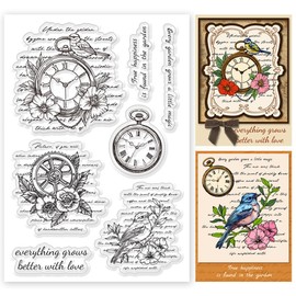 BEUNITONE Vintage Clear Stamps for Card Making Flower and Bird Text Clear Stamps Retro Clock Clear Stamps for Scrapbooking Wish Words Rubber Transparent Seal Stamps for DIY Photo Album Crafting