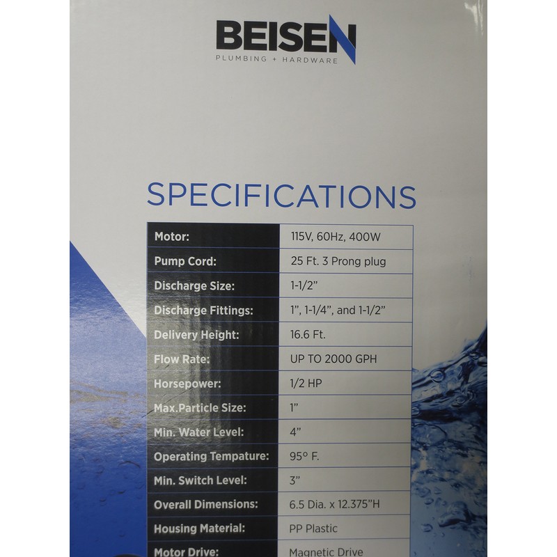 BEISEN 2000-GPH 1/2HP Clean/Dirty Water Submersible Pump
