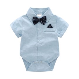 Conjunto de ropa de caballero para bebés y niños, camisa para bebé+pantalones cortos+corbata de lazo+tirantes, Azul claro y blanco., 18-24 Meses