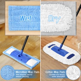 Dust Mop for Floor Cleaning with Washable Mop Pads, Long Handle Commercial Flat Large Mop ,Microfiber Wet Dry Mop for Hardwood Floor,Marble, Laminate Cleaning, Blue, VOUBIEN