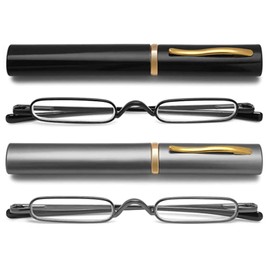 Hubeye 2 Pairs Mini Reading Glasses Compact Spring Hinged Slim Pocket Readers with Pen Clip for Easy Carry +3.0