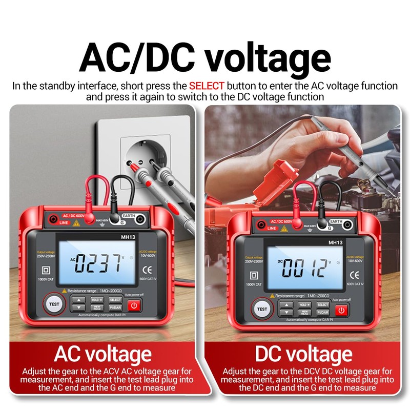 MH13 250V-2500V Digital Insulation Resistance Tester 1MΩ-200GΩ Megger Megohm Testing