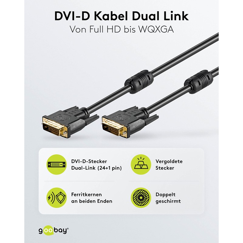 Goobay 93110 DVI-D Full HD Cable Dual Link, Gold-Plated, 2m