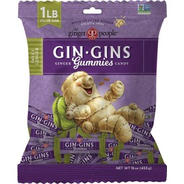 GIN GINS Sweet Ginger Gummies – Natural Fresh Ginger Candy by The Ginger People – Sweet Ginger Gummies Flavor – Large 1 lb Bag (16oz) – Pack of 2