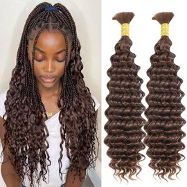 Ratheinhi Color 4# Auburn Brown Deep Wave Bulk Human Braiding Hair 2 Bundles Total 100g 20 Inch Human Hair for Braiding Brazilian Deep Wave Hair Weft for Boho Braids