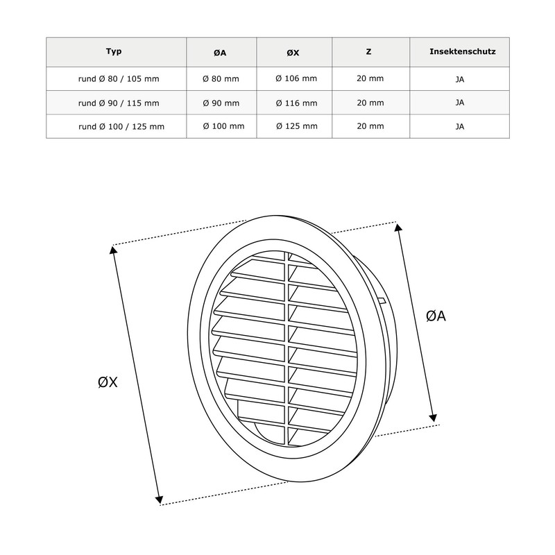 AWENTA Ventilation Grille ABS Plastic Round Diameter 90/115 mm White