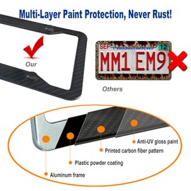 BGGTMO Carbon Fiber License Plate Frames- 2 Pack Black Aluminum Car Tag Cover for Front & Rear, 4 Hole Heavy Duty Universal Holder, Rust Proof Rattle Proof, Mount Screws with Caps