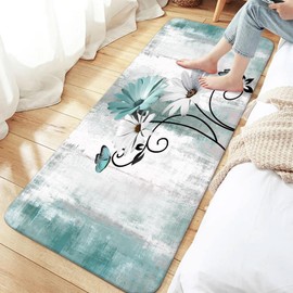 Rustic Farmhouse Bath Rug, Farm Teal Daisy Floral Flowers and Butterfly on Country Wooden Bath Mat Turquoise Blue Kitchen Rug Floor Mat Soft Non Slip Runner Carpet Indoor Doormat (16X48)