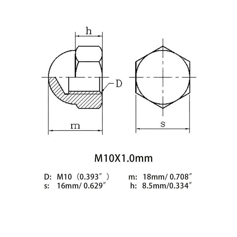 M10X1.0mm 304 Stainless Steel Fine Thread Hex Acorn Cap Nuts