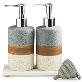 Cormomu Ceramic Soap Dispenser Set(2 Pack) – Hand Soap, Dish Soap, Shampoo & Shower Soap Dispenser for Bathroom & Kitchen, Stainless Steel Pump, Includes Silicone Funnel & Diatomaceous Tray, Gray