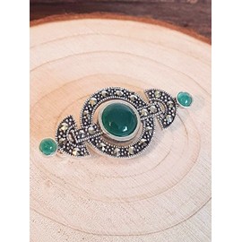 Marcasite & Green Agate Sterling Silver Brooch With Art Deco Circles for Women Ladies - 925 Sterling Silver - Vintage/Antique Style Brooch Pin/Clip. H1694