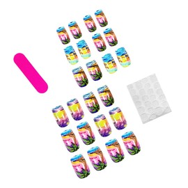 Medium Coffin Press on Nails Summer Colorful Fake Nails Seaside Sunset False Nails Beach Coconut Tree Designs Acrylic Nails Glossy Full Cover Stick on Nails for Women Nail Art Manicure 24 Pcs