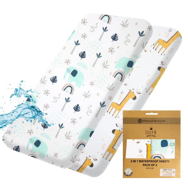 Lilly B. Organic Cotton GOTS 2in1 Pack of 2 Waterproof Fitted Sheets, Used Instead of Waterproof Mattress Protector Compatible with, Next2me, and All Bedside Cribs, Bassinets up to 90x55cm (Jungle)