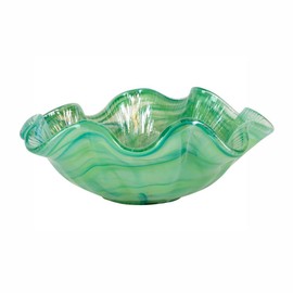 Vietri Onda Glass Green Ruffled Round Bowl, 13.75" D, 5.5" H Mouthblown Organic Shaped Serving Dish