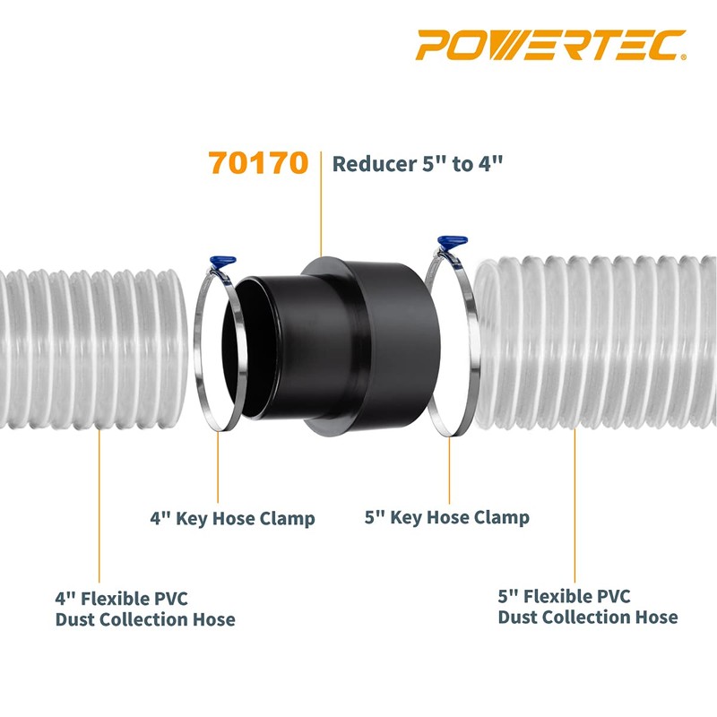 POWERTEC 70170 5” to 4” Reducer Dust Collection Fitting, ABS