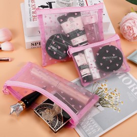 Fassave 6 Pack Mini Zipper Mesh Makeup Bags, Heart Print Nylon Cosmetic Bags Toiletry Bags for Office Travel Organization (Pink, S)